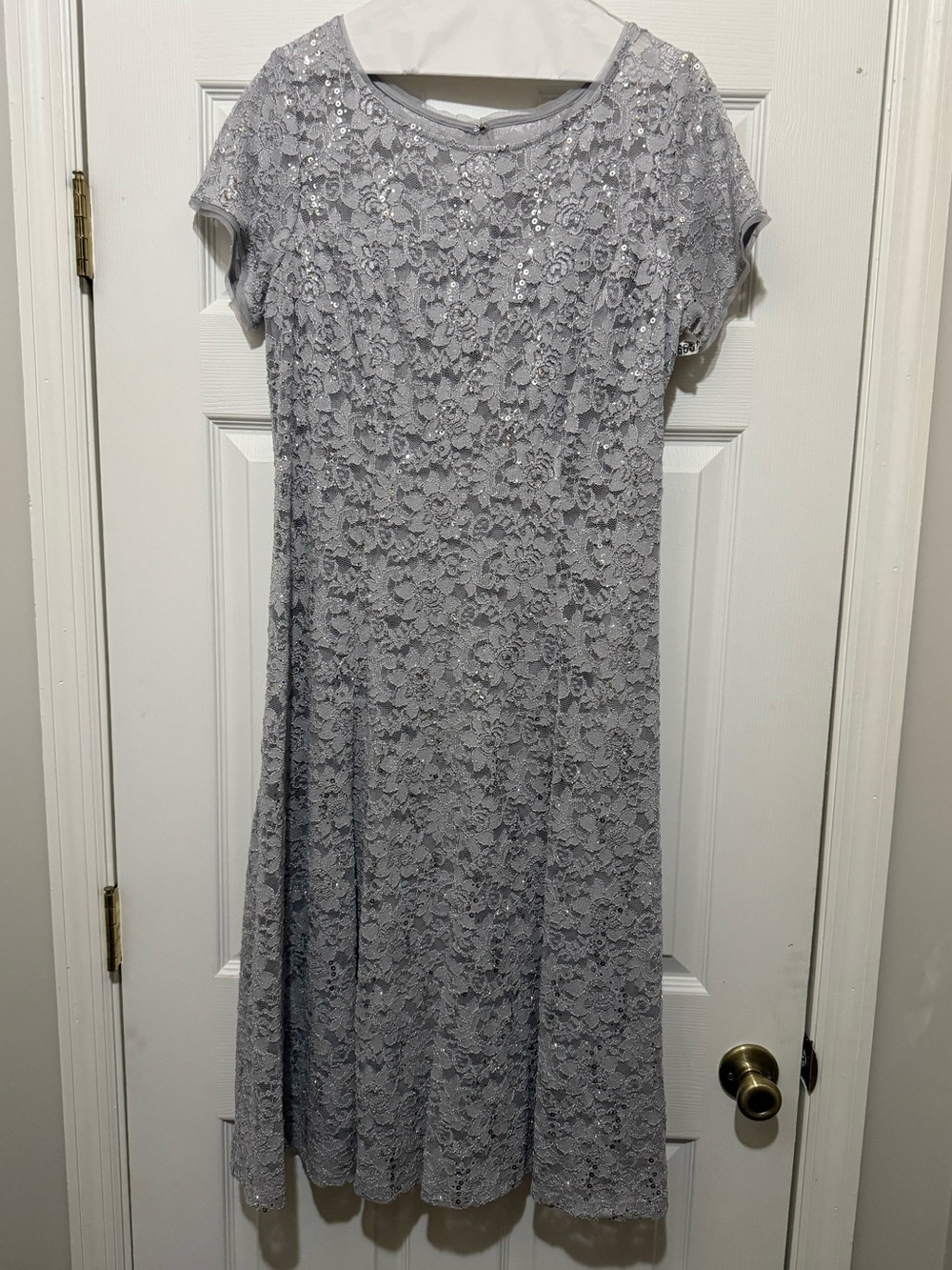 SLNY Light Gray Lace Midi Dress with Sequins
